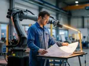 Mannelijke ingenieur in blauwe overall en veiligheidsbril bestudeert technische blauwdrukken bij industriële werkplaats met robotarm op achtergrond.