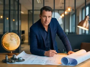 Ingenieur in blauw jasje bestudeert projectschema's op bureau met globe en industriële automatiseringscomponenten, warm kantoorlicht.