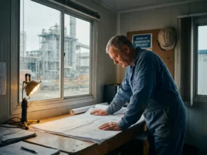 Ingenieur in blauwe overall bestudeert technische schema's aan een bureau in een tijdelijk kantoor bij een buitenlandse industriële faciliteit.