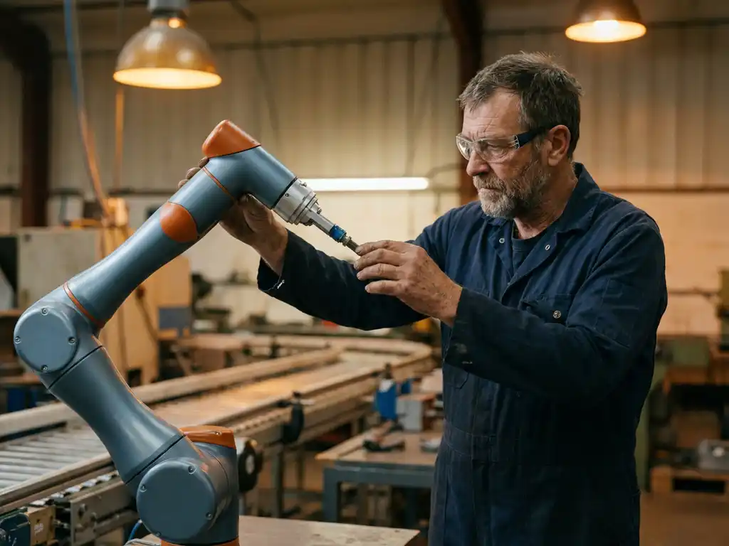 Ervaren ingenieur in blauwe overall en veiligheidsbril begeleidt een collaboratieve robotarm tijdens eerste geprogrammeerde beweging in werkplaats.