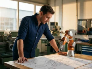 Ingenieur in blauw shirt bestudeert technische schema's aan bureau naast een collaboratieve robotarm in een industriële werkplaats.