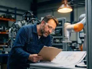 Ingenieur in blauwe overall en veiligheidsbril bekijkt automatiseringsblueprint naast collaboratieve robotarm in Belgische werkplaats.