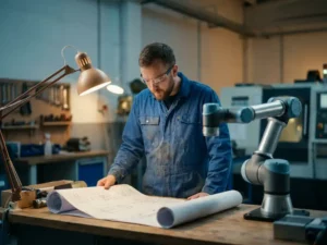 Mannelijke ingenieur in blauwe overall en veiligheidsbril bestudeert technische tekeningen naast een collaboratieve robotarm in een werkplaats.