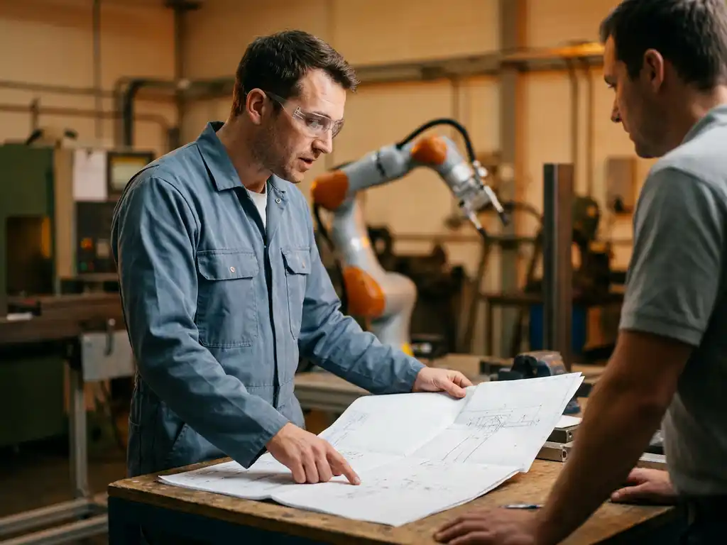 Ingenieur in blauwe overall en veiligheidsbril bespreekt technische tekening met collega, collaboratieve robotarm zichtbaar op de achtergrond.