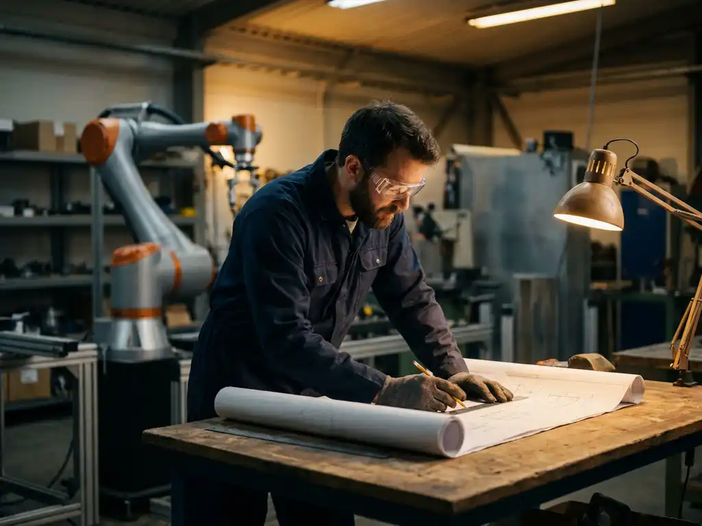 Mannelijke ingenieur in blauwe overall en veiligheidsbril bestudeert technische blauwdrukken op werkbank, collaboratieve robotarm op achtergrond.