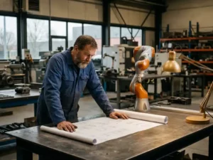 Ervaren ingenieur in blauwe overall bestudeert technische blauwdrukken op stalen werktafel naast een collaboratieve robotarm in Belgische werkplaats.