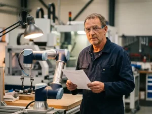 Ingenieur in blauwe overall en veiligheidsbril controleert technische checklist naast een collaboratieve robotarm in Belgische werkplaats.