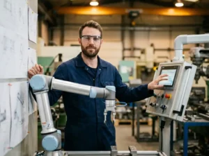Mannelijke engineer in blauwe overall en veiligheidsbril naast een collaboratieve robotarm, wijzend naar touchscreen bedieningspaneel in fabriek.