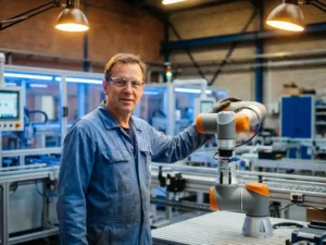 Mannelijke ingenieur in blauwe overall en veiligheidsbril naast een collaboratieve robotarm in een Belgische fabriek.