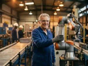 Ervaren engineer in blauwe overall en veiligheidsbril naast een collaboratieve robotarm in een actieve fabriek.