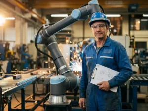 Mannelijke ingenieur in blauwe overall en veiligheidsbril bekijkt technische schematekening naast collaboratieve robotarm in fabriek.