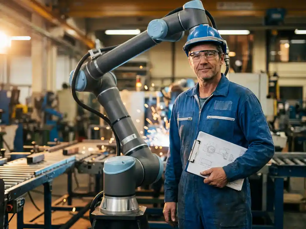 Mannelijke ingenieur in blauwe overall en veiligheidsbril bekijkt technische schematekening naast collaboratieve robotarm in fabriek.