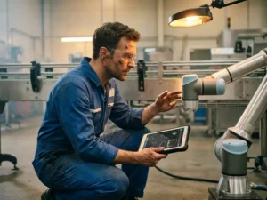 Ingenieur in blauwe overall en veiligheidsbril installeert collaboratieve robotarm in fabriek, diagnostische tablet in hand.