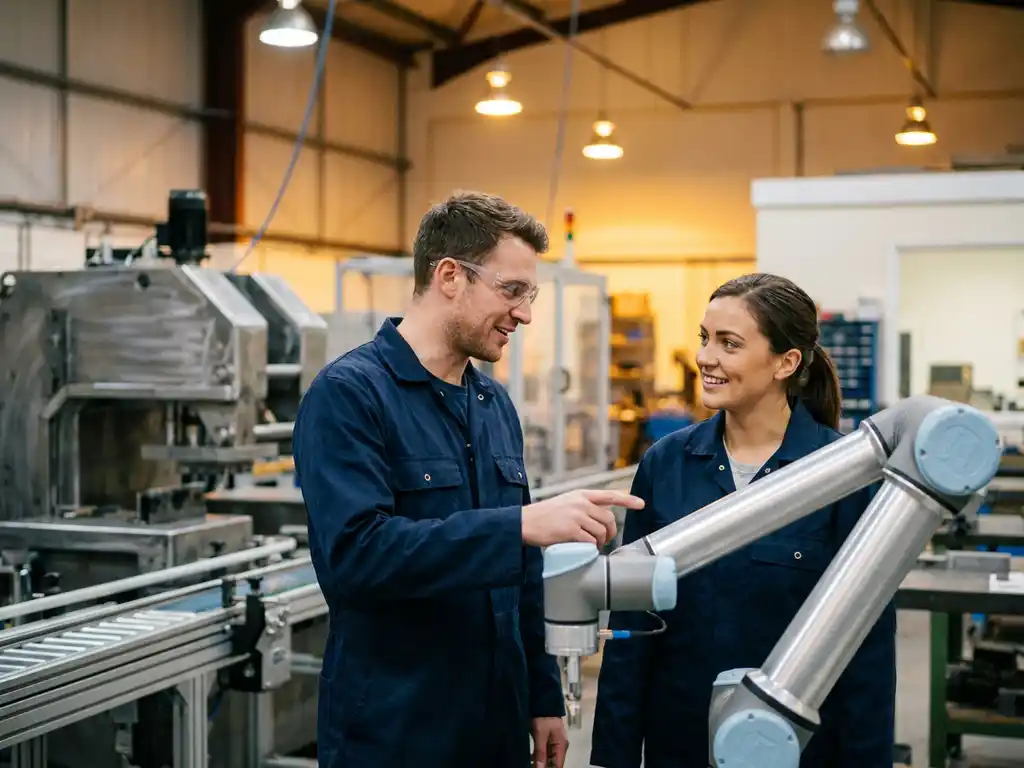 Mannelijke engineer in blauwe overall en veiligheidsbril overlegt met collega naast een collaboratieve robotarm in een werkplaats.