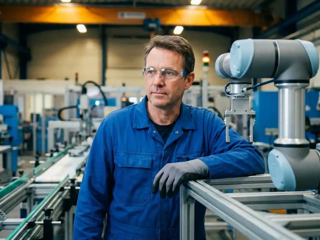 Ingenieur in blauwe overall en veiligheidsbril naast een collaboratieve robotarm in een industriële werkplaats.