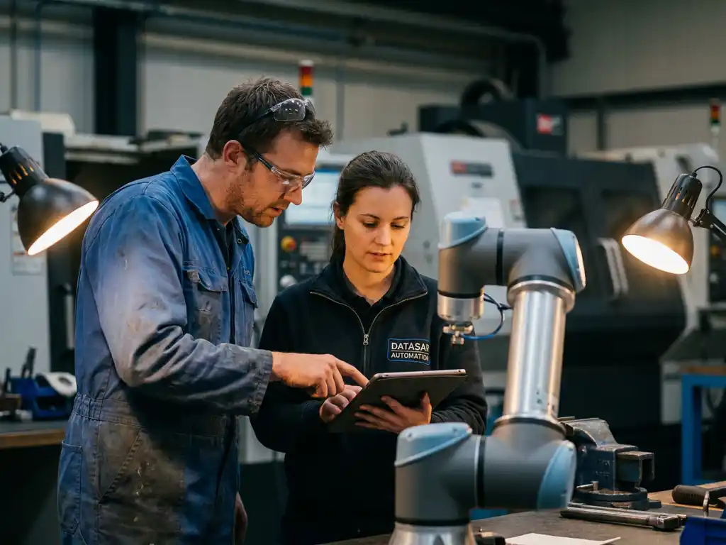 Ingenieur in blauwe overall en veiligheidsbril overlegt met automatiseringsspecialist naast een collaboratieve robotarm in Belgische werkplaats.