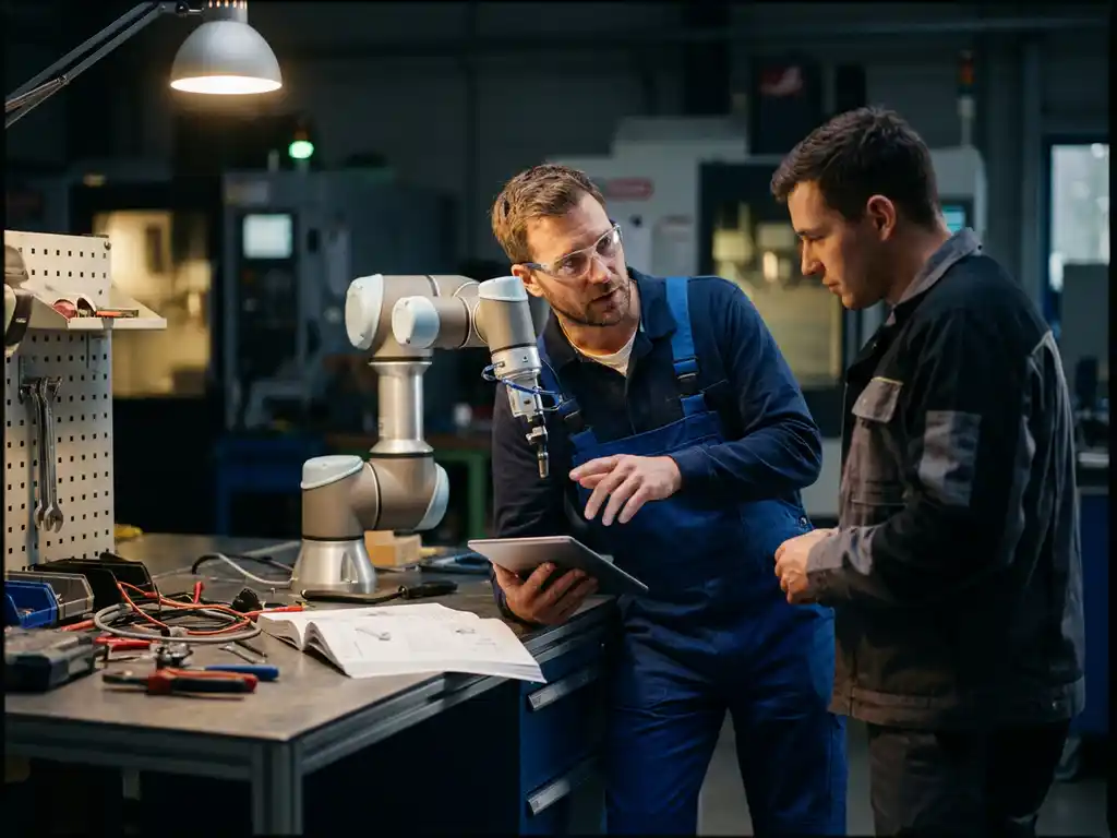 Ingenieur in blauwe overall en veiligheidsbril overlegt met technicus naast collaboratieve robotarm in professionele werkplaats.