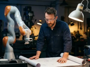 Mannelijke ingenieur in blauwe overall en veiligheidsbril bestudeert technische schema's naast een collaboratieve robotarm in moderne werkplaats.