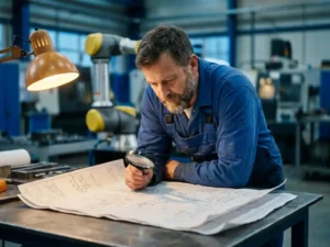 Mannelijke ingenieur in blauwe overall bestudeert technische schema's op stalen werktafel, met collaboratieve robotarm op de achtergrond.