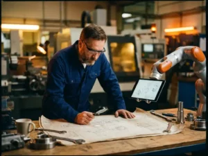 Mannelijke ingenieur in blauwe overall bestudeert technisch schema naast een collaboratieve robotarm op een werkbank in een fabriek.