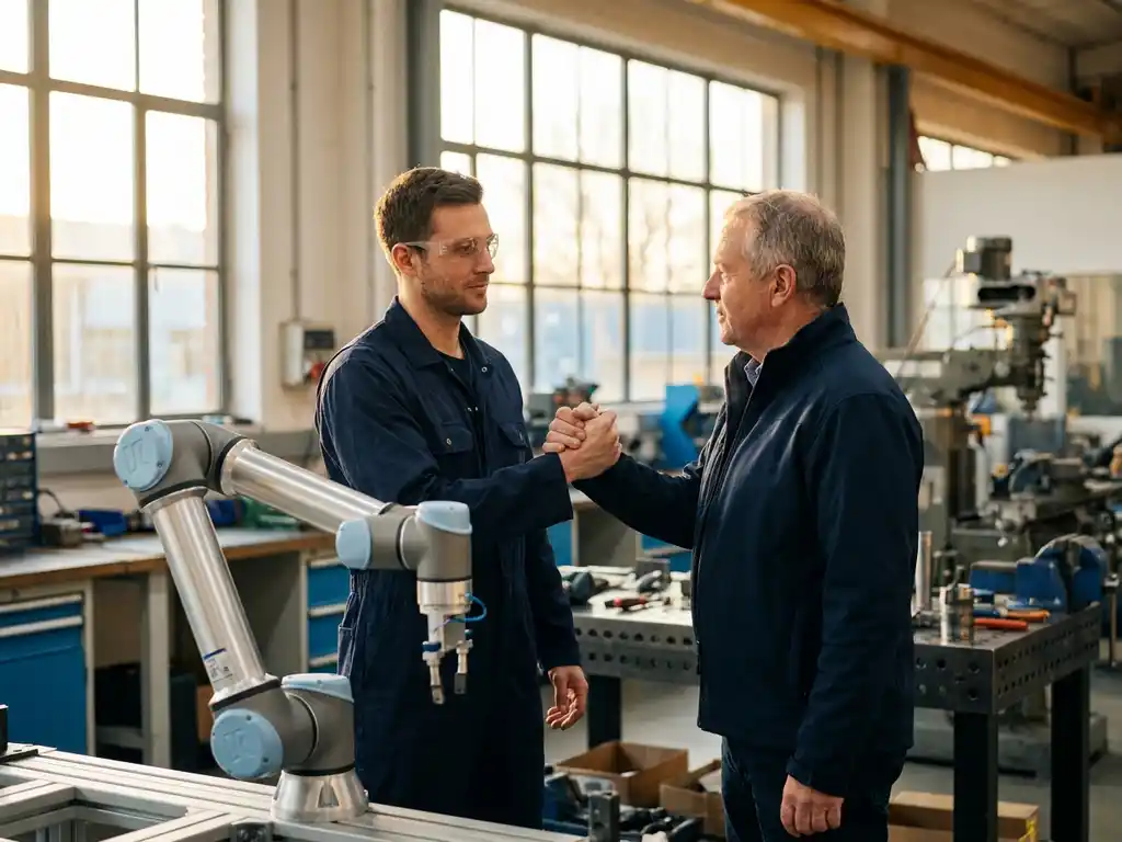 Ingenieur in blauwe overall schudt hand met technisch consultant naast collaboratieve robotarm in moderne werkplaats.