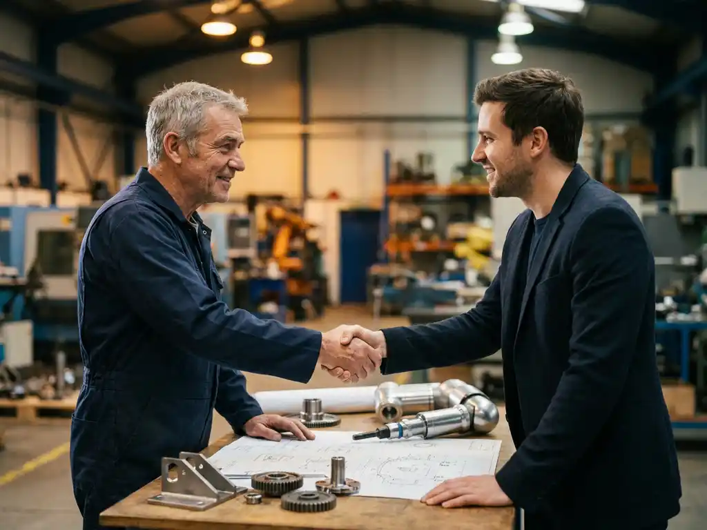 Ingenieur in blauwe overall schudt hand met consultant aan werktafel met robotarmonderdelen en technische tekeningen.