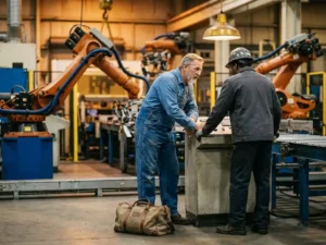 Ervaren ingenieur in blauwe overall en veiligheidsbril overlegt met fabrieksmedewerker op actieve productievloer met robotarmen op de achtergrond.