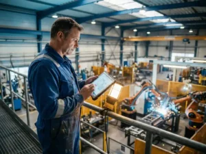 Mannelijke ingenieur in blauwe overall bekijkt technische schema's op tablet op fabrieksmezzo, robotassemblagelijnen op achtergrond.