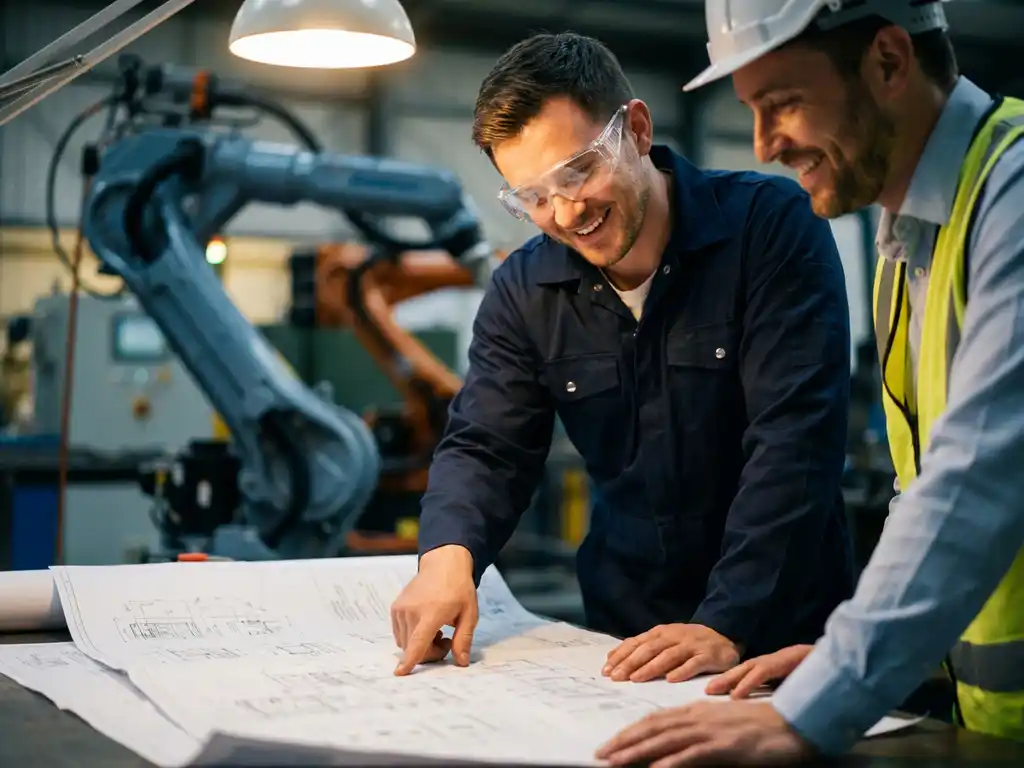 Ingenieur in blauwe overall en veiligheidsbril bespreekt technische schema's met supervisor op fabrieksv loer, robotarm op achtergrond.