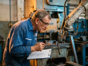 Ingenieur in blauwe overall inspecteert robotlasarm in fabriek met technische specificaties op klembord.