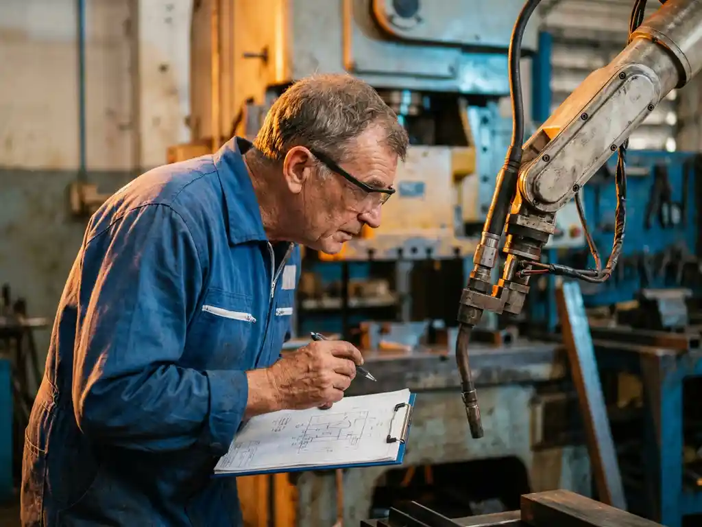 Ingenieur in blauwe overall inspecteert robotlasarm in fabriek met technische specificaties op klembord.