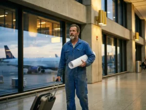 Mannelijke ingenieur in blauwe overall met trolley en technische tekening in moderne luchthaventerminal, vliegtuigen zichtbaar op de tarmac.