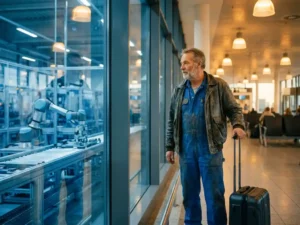 Mannelijke ingenieur in blauwe overall met koffer bij vertrekgate, collaboratieve robotarm zichtbaar op fabriekshal op achtergrond.