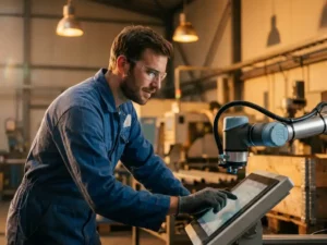 Mannelijke ingenieur in blauwe overall programmeert een collaboratieve robotarm via touchscreen in een industriële werkplaats.
