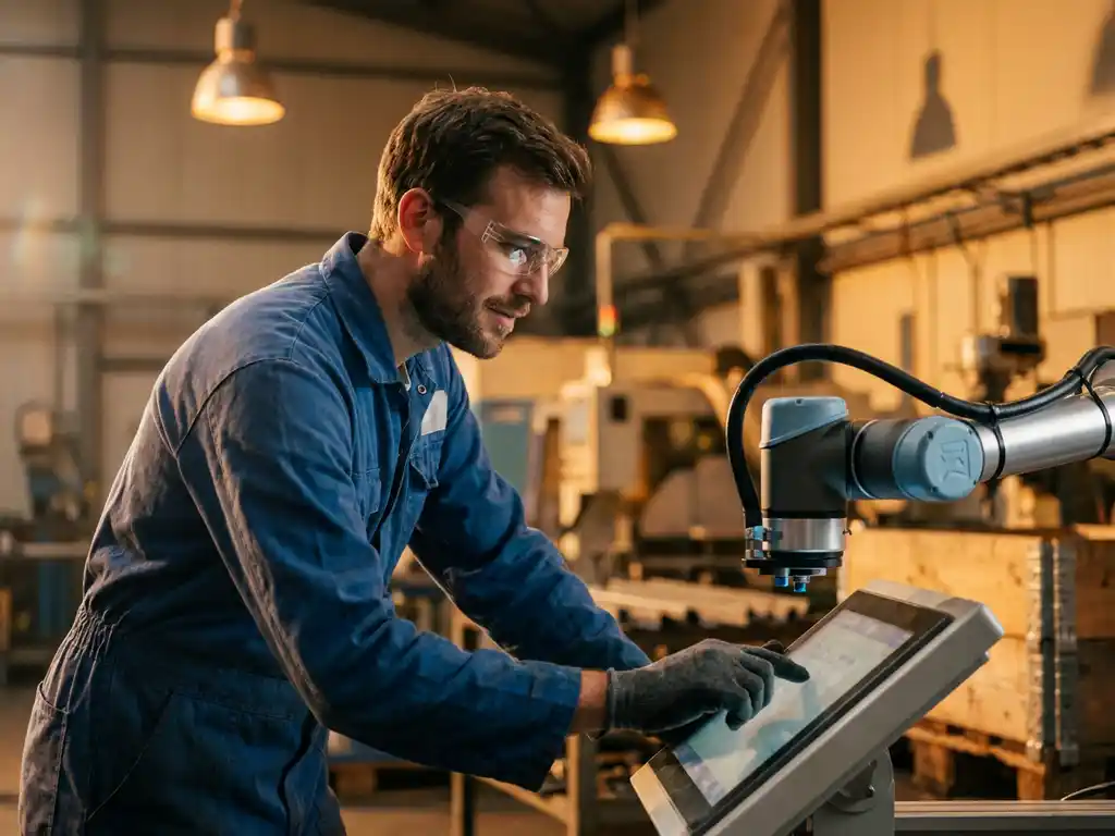 Mannelijke ingenieur in blauwe overall programmeert een collaboratieve robotarm via touchscreen in een industriële werkplaats.