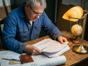 Ingenieur in blauwe overall bestudeert projectkostenrapporten aan bureau met technische tekeningen, paspoort en reisroute, kleine globe op achtergrond.