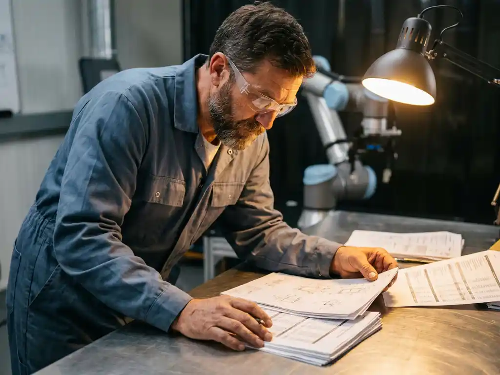 Ingenieur in blauwe overall en veiligheidsbril bestudeert projectkostenrapporten op metalen werkbank, collaboratieve robotarm op achtergrond.