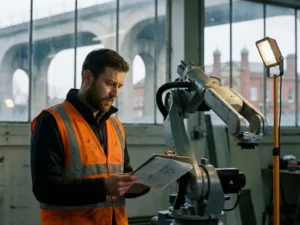 Veldingenieur in veiligheidsvest bestudeert technische tekeningen naast een industriële robotarm in een buitenlandse fabriek.