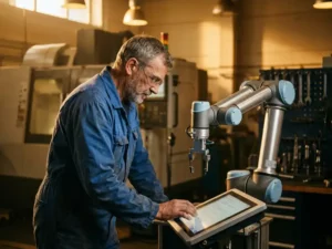 Ervaren ingenieur in blauwe overall programmeert een collaboratieve robotarm via touchscreen bedieningspaneel in industriële werkplaats.