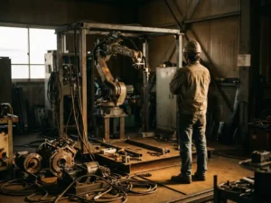 Ingenieur met gekruiste armen bestudeert aarzelend een industriële robotcel, met kabels en onderdelen verspreid op de werkplaatsvloer.