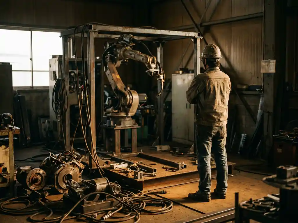 Ingenieur met gekruiste armen bestudeert aarzelend een industriële robotcel, met kabels en onderdelen verspreid op de werkplaatsvloer.