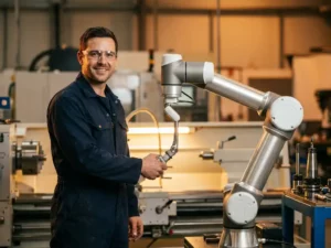 Mannelijke ingenieur in blauwe overall geeft hand aan collaboratieve robotarm in moderne industriële werkplaats.