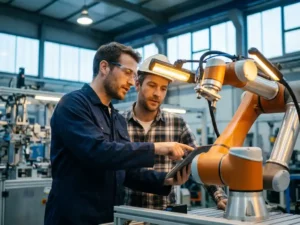 Ingenieur in blauwe overall en veiligheidsbril overlegt met collega naast een collaboratieve robotarm in Belgische werkplaats.