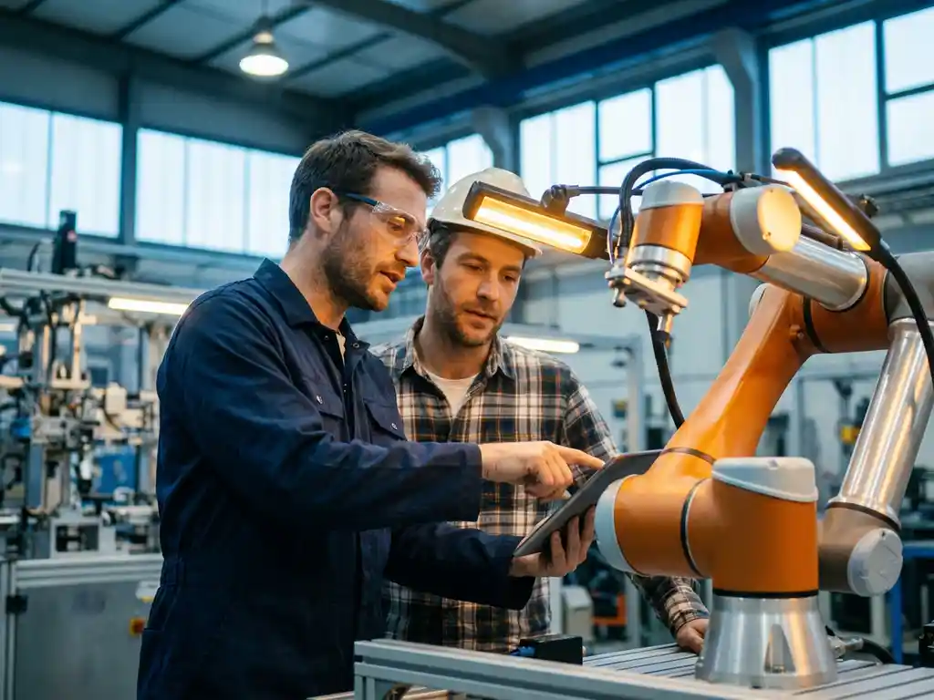 Ingenieur in blauwe overall en veiligheidsbril overlegt met collega naast een collaboratieve robotarm in Belgische werkplaats.