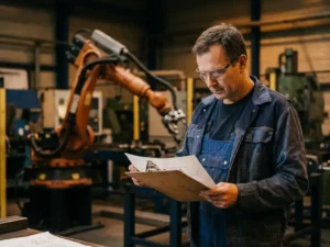 Mannelijke ingenieur in blauwe overall bestudeert technische schema's, robotarm actief op fabrieksvloer op de achtergrond.