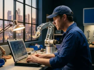 Mannelijke ingenieur in blauwe overall bestudeert technische schema's op robuuste laptop, met robotarm op werkbank op de achtergrond.