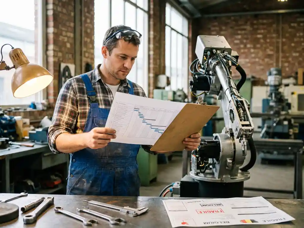 Ingenieur in blauwe overall bekijkt projecttijdlijn op klembord naast deels gemonteerde robotarm in Belgische werkplaats.