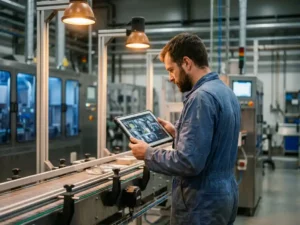 Veldingenieur in blauwe overall bekijkt live camerabeelden op tablet naast draaiende transportband in moderne industriële fabriek.