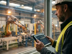 Veldingenieur met robuuste tablet monitort live productiedata van robotassemblagelijn in fabriek op achtergrond.