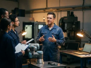 Ingenieur in blauwe overall en veiligheidsbril instrueert technici naast een collaboratieve robotarm in een moderne werkplaats.
